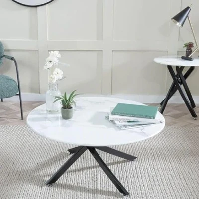 Image of URBANDECO Ravenna White Glass Round Coffee Table with Black Metal Chopstick Legs