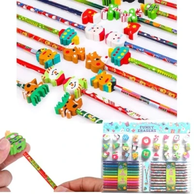 Image of Almineez Set of 50 Pencils Christmas Theme Festive Kids Stationary Tools Colour Pencil With Eraser Topper &amp; Sharpeners for School Xmas Party Stocking Fillers Novelty Gift