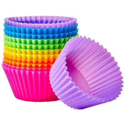 Image of Amazon Basics Round Reusable Silicone Baking Cups, Pack of 12 (Oven safe up to 220 degrees Celsius), Multicolor