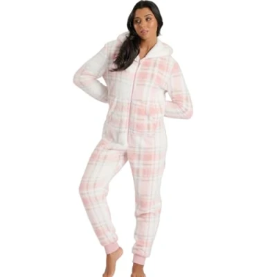 Image of Evotex Trading Ladies Fleece Well Soft Pink Check Onesie All in One Jumpsuit Pyjamas Outfit Size Medium (12 14)