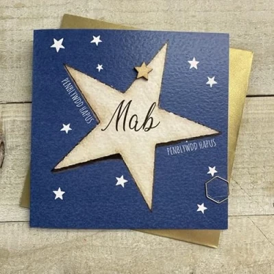 Image of PENBLYDD HAPUS WELSH BIRTHDAY CARD SON BIG STAR. HANDMADE BY WHITE COTTON CARDS (W S198 S)