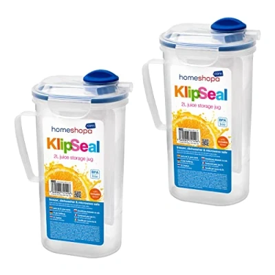 Image of Homeshopa Clip &amp; Lock Fridge Door Water Jug with Handle, Rectangular Liquid Storage Jug, BPA Free Plastic Pitcher Flip Top Lid, Leak Proof Airtight, 2 Litre, Clear/Blue (Pack of 2)