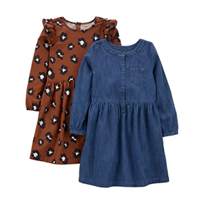 Image of Simple Joys by Carter&#039;s Girls&#039; 2 Pack Long Sleeve Dress Set Casual, Brown Cheetah/Dark Denim, 4 5 Years (Pack of 2)