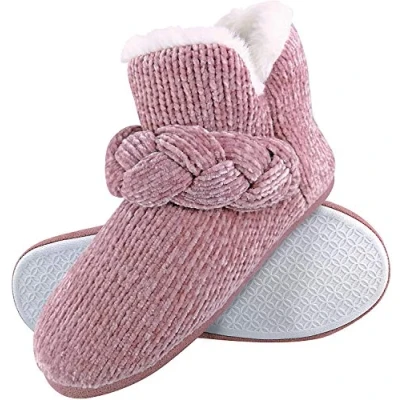 Image of DUNLOP Ladies Knitted Warm Fleece Plush Slippers Booties in Grey Fairisle and Pink Cord Styles (5 UK, 8033 Pink)
