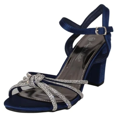 Image of Ladies Anne Michelle High Block Heel Diamante Knot Sandals F12051 Navy Satin UK Size 8 EU 41 US 10