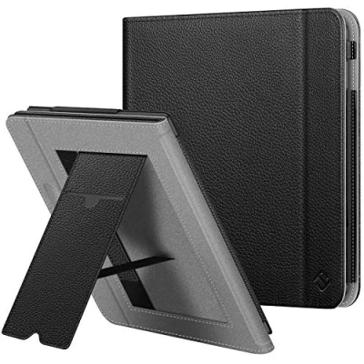 Image of FINTIE Stand Case for Kobo Libra H2O 7 inch eReader Premium PU Leather Protective Sleep Cover with Card Slot, Hand Strap and Auto Sleep/Wake Function 2019, Black