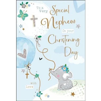 Image of Nephew Christening Congratulations Card Very Special Elephant and Balloons Finishes Illustrated Insert Leaf Made in the UK