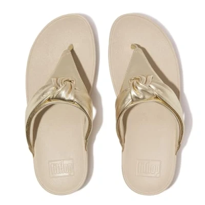 Image of FitFlop Women&#039;s Lulu Padded Knot Metallic Leather Toe Post Slide Sandal, Platino, 6.5 UK