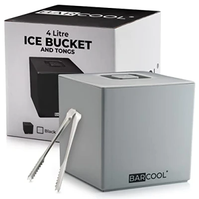 Image of Barcool Ice Bucket with Lid and Tongs 4 Litre Square &amp; Double Walled Insulation Perfect for Home Bars, Pubs, Restaurants, BBQs Picnics (Grey)