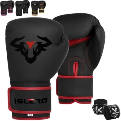 Image of Islero EVO Fitness Matte Black Boxing Gloves Men Punch Bag Women Pink MMA Muay Thai Martial Arts Kick Sparring Training Fighting With Hand Wraps (16 OZ, Red)