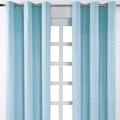 Image of HOMESCAPES 100% Cotton Unlined Eyelet Curtain Pair Stars Blue 117cm (46&quot;) Wide x 137cm (54&quot;) Drop