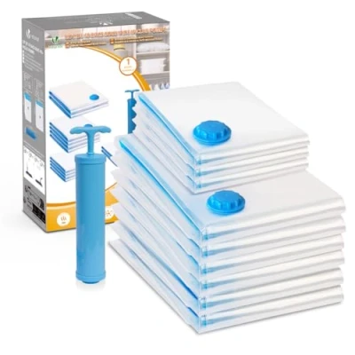 Image of VOUNOT Vacuum Storage Bags with Pump Set of 9 Compression + 1 Travel Bag Reusable