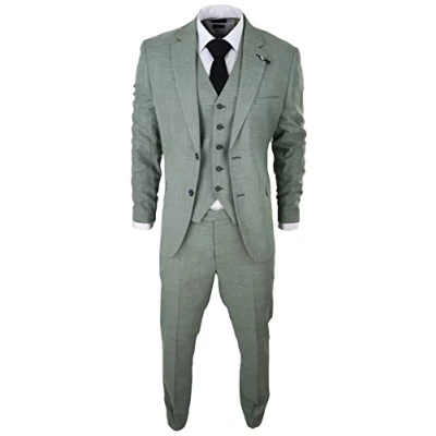 Image of Mens 3 Piece Suit Sage Green Summer Linen Tailored Fit Wedding Prom Classic 40