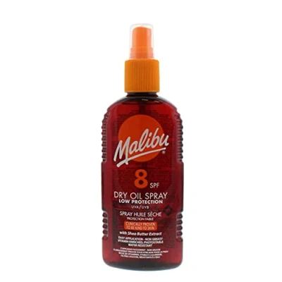 Image of Malibu Sun SPF 8 Non Greasy Dry Oil Spray for Tanning with Shea Butter Extract, Low Protection, Water Resistant, 200ml