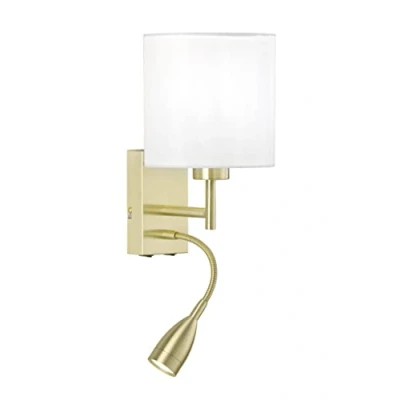 Image of Fischer &amp; Honsel Dreamer Wall Light with LED Reading Arm, Classic Lighting Fabric Shade, 1 x E27, Metal Chintz, White Brass Colours, 16 28 cm, 30312, Colours/White