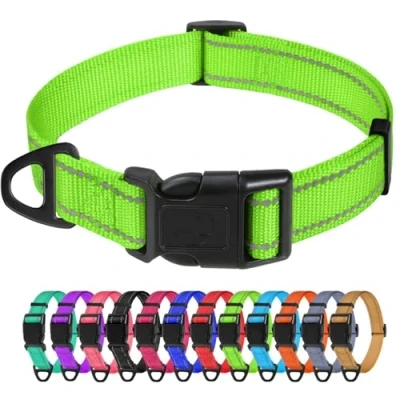Image of TagMe Reflective Nylon Dog Collars, Adjustable Classic Collar with Quick Release Buckle for Small Dogs, Green, 1.5 cm Width