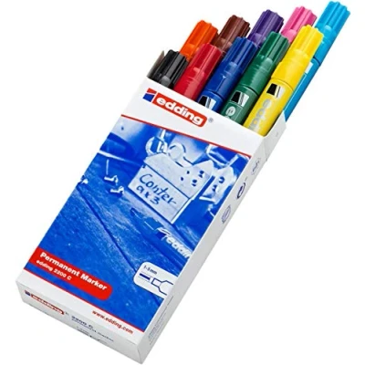 Image of edding 2200 C permanent marker multi coloured box of 10 pens chisel nib 1 5 mm quick drying pen waterproof, smudge proof for cardboard, plastic, wood, metal, fabric