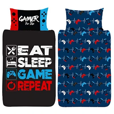 Image of Gamer Single Duvet Cover Eat Sleep Game Repeat Gaming Controller Design Reversible Bedding Set Polycotton