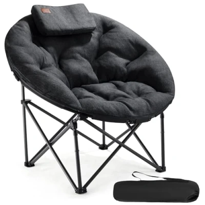 Image of EVER ADVANCED XL Moon Chair for Adults 6cm Padded Garden Saucer Chair, heavy Duty Camping Foldable Folding with High Back, Super Wide Round Seats people, supports 150KG Black