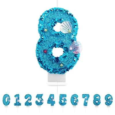Image of Number 8 Candle,Blue Mermaid Birthday Candles for Girl,Cake Topper Decoration Girls Party