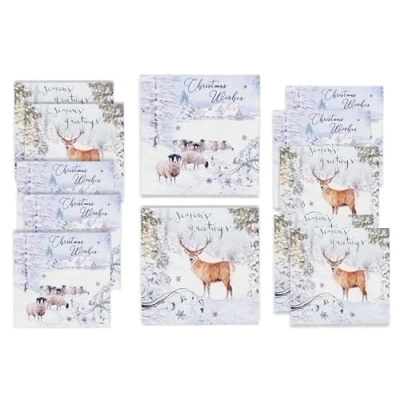 Image of Christmas Cards Pack of 12 Includes White Envelopes Inside Each with Festive Design Stag and Sheep