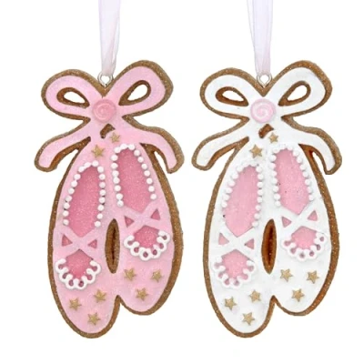 Image of Gisela Graham Resin Pink Gingerbread Ballet Slippers Christmas Tree Decorations