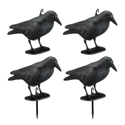 Image of Relaxdays Bird Deterrent, Set of 4, for Standing &amp; Hanging, Plastic Crow, Pigeon Defence, in Garden Balcony, Black