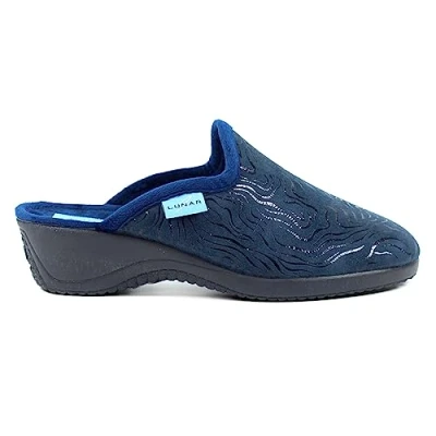 Image of Lunar Darlene Navy Slippers Soft Quilted Textile Upper, Cushioned Insole, Slip On House Shoes with Non Rubber Sole, Cozy Indoor Footwear for Women 5 Blue