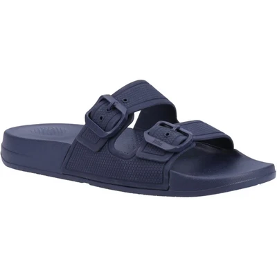 Image of Fitflop Women&#039;s IQUSHION Two BAR Buckle Slides Flat Sandal, Midnight Navy, 7 UK
