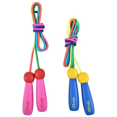 Image of OTraki Kids Skipping Rope 2 Pack 7Ft Jump Adjustable with Wooden Handle and Woven Cotton for Girls or Boys 2m Children Skip Ropes 5+ Years Exercise Workout School Game Outdoor Activity