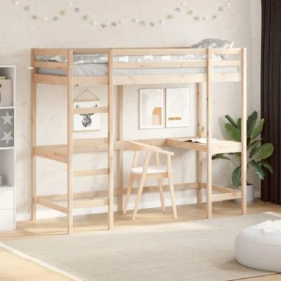 Image of vidaXL Solid Pine Wood Loft Bed Bunk with Desk Brown Frame Complementing Bedroom/Dorm Decor Study 80x200 cm Guardrails and Plywood Elegant Space Saver
