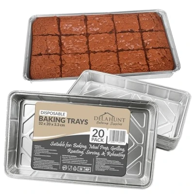 Image of 20 Pack Disposable Aluminium Foil Baking Trays, Tray Bakes, Containers for Baking, Roasting, Freezing, Storage, Cooking, BBQs, Brownies Delahunt Catering Supplies 32cm x 20cm 3.3cm