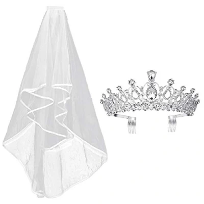 Image of 2PCS Frcolor Rhinestone Tiara Crown Veil With Comb Elegant Design Ribbon Communion