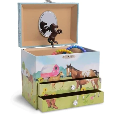 Image of Jewelkeeper Dancing Horse Musical Jewellery Box with 2 Drawers Colorful Barn Design Home on the Range Tune Music for Girls Storage Necklaces, Bracelets, Earrings and Keepsakes.