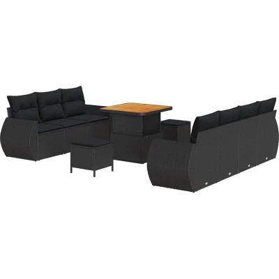 Image of vidaXL 10 Piece Garden Sofa Set with Cushions Black Poly Rattan Acacia