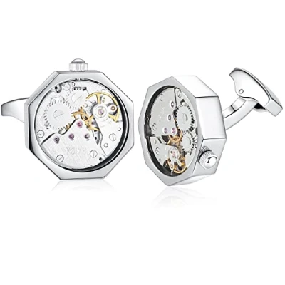 Image of HONEY BEAR Watch Cufflinks for Mens Octagon Working Movement Wedding Business with Box Silver
