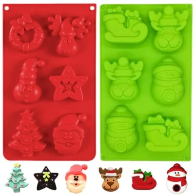 Image of YJDM Christmas Silicone Molds, 2 Pack Large 6 Cavities Elk Sleigh Snowman Shapes Cake Moulds Soap Candy Chocolate Muffin Jelly Trays Baking Molds for Xmas New Year Decoration
