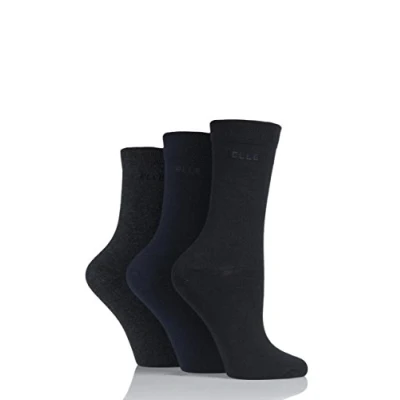 Image of 3 Pair Black / Navy Charcoal Plain Comfort Cuff Cotton Socks with Hand Linked Toes Ladies 4 8 Elle