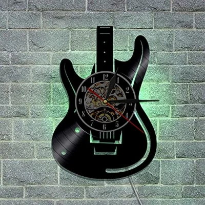 Image of Smotly Vinyl wall clock, guitar instrument themed graphic clock with LED night light function, gift for music lovers.
