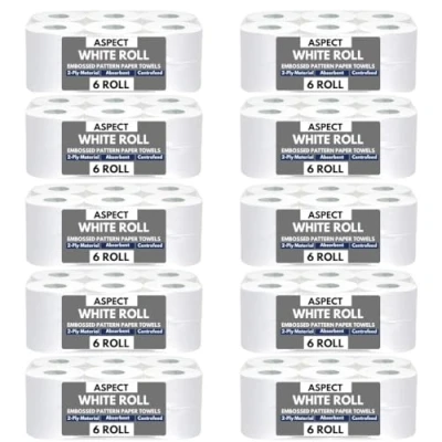 Image of ASPECT Kitchen Rolls Centrefeed 2 Ply Embossed Pattern Paper Towels Strong and Absorbent Tissue UK Supplier Wipe Away Perfect for Commercial &amp; Use (White, 60 Rolls)
