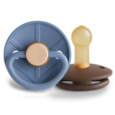 Image of FRIGG Little Viking Latex Pacifier Pack of 2 Pacifiers Natural Rubber Soother Dummy BPA Free Made in Denmark Symmetrical Cherry Shaped Nipple (Ocean View/Cocoa, Size (6 18 Months))