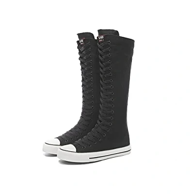 Image of Momuk Women Boots Mid Calf Knee High Tall Zipper Lace up Stylish Punk Flat Sneaker Shoes for Girls Black