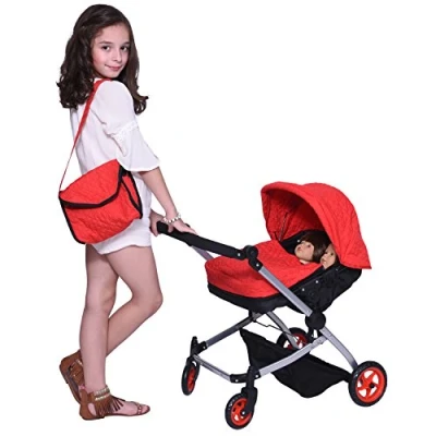 Image of The New York Doll Collection Modern Twin Deluxe Baby Boo Buggy Stroller Red Quilted Fabric Beautiful Dolls Pram with Adjustable Height Free Diaper Bag Extra Tall