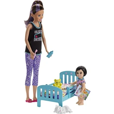 Image of ​Barbie Skipper Babysitters Inc. Bedtime Playset, Toddler Doll with Glow in the Dark Pajamas, Bed, Sleeping Kitty, Teddy Bear, Blanket and Storybook for Kids 3 to 7 Years Old