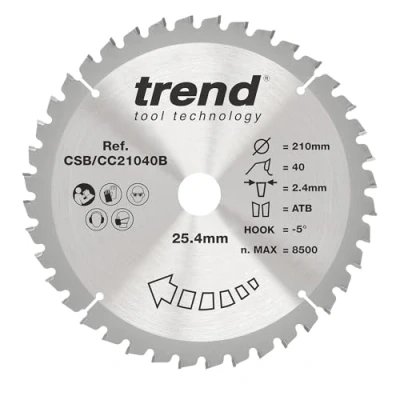 Image of Trend Wood Mitre Saw Blade, 210mm Diameter, 25.40mm Bore, 40 Teeth, 2.4mm Kerf, 5 Hook, TCT, Fine Finish, CSB/CC21040B
