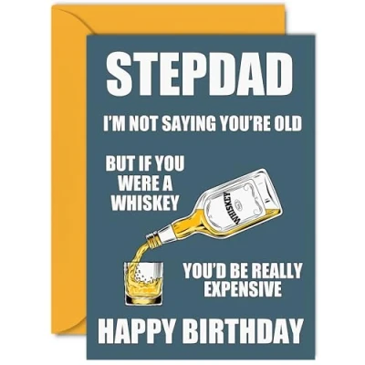 Image of Funny Birthday Cards for Step Dad Aged Whiskey Whisky Joke Rude Card from Son Daughter, Humour 40th 50th 60th 70th 80th Bday A5 Daddy Papa Greeting
