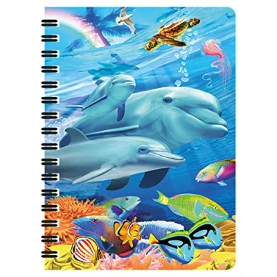 Image of 3D LiveLife Jotter Dolphin Family from Deluxebase. Lenticular Ocean A6 Spiral Notebook with Plain Recycled Paper Pages. Artwork Licensed Renowned Artist Michael Searle
