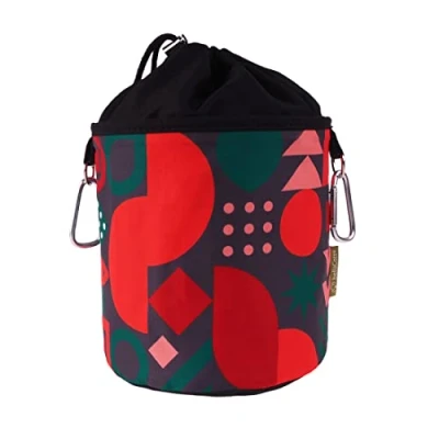 Image of Portable Cotton Hanging Peg Bag with 2 Sturdy Carabiner Hooks, Drawstring Closure and Metal Stopper for Storing Clothes Pegs, Design: Retro red, black, grey, green