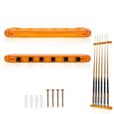 Image of Pool Cue Rack with Clips, Wooden Holder Wall Mounted Snooker Billiards Stick for Bars Clubs Billiard Players, Holds 6 Cues