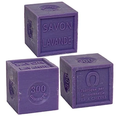 Image of Savon de Marseille French Soap Cube made with Organic Lavender Essential Oil Fragrance Suitable for All Skin Types 300 Gram Cubes Set of 3